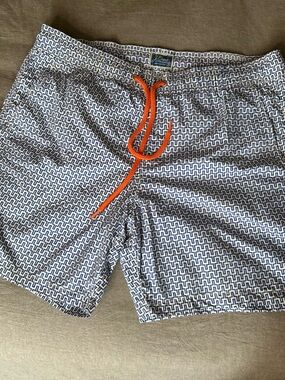 J. Crew Men's Swim Trunks - Blue and White with Orange Accent